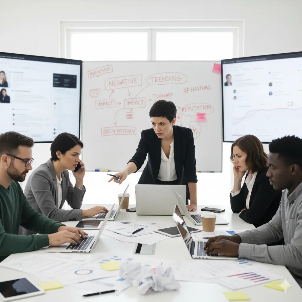 Reunião de negócio com cinco pessoas em discussão